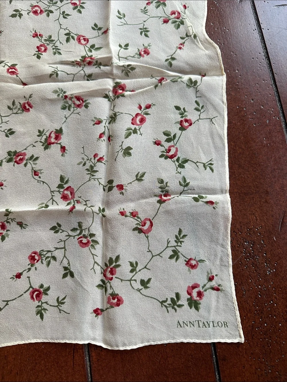 Ann Taylor Cream 💯 Silk Scarf with Pink Rose Vine Print